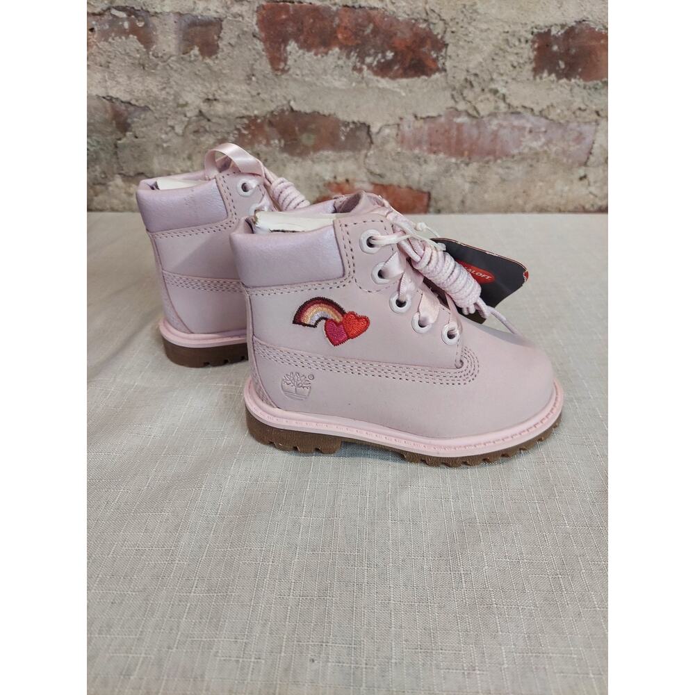 Timberland Toddlers Boots Size 5 Light Pink Waterproof Rainbow Heart Ribbon - Picture 3 of 7